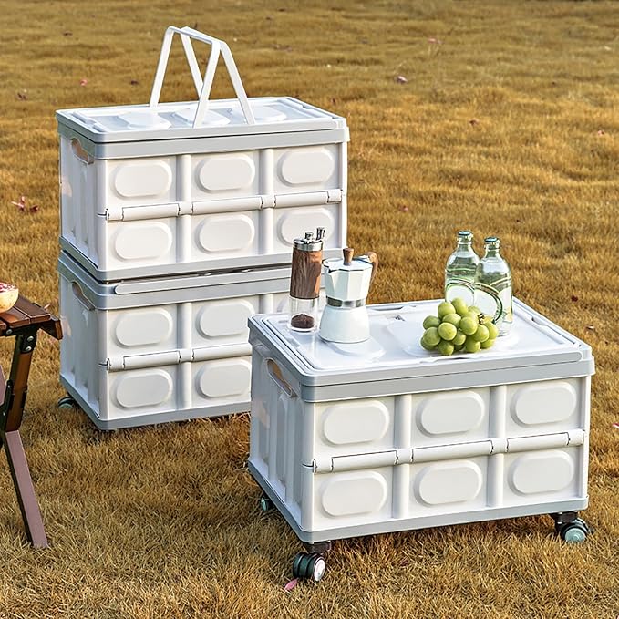 50L Rolling Crate with Wheels, Foldable Storage Crate with Detachable Wheels, Large Capacity Rolling Crate with Handle Space-Saving Utility Cart for Indoor Outdoor Use Grey
