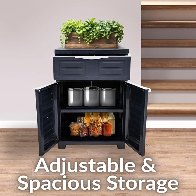 Sunnydaze 34.5" Garage Storage Cabinet with Adjustable Shelf, Charcoal | Heavy Duty Resin Storage Cabinet Resists Rust & Peeling, Utility Cabinet with Drawer & Anti-Tip Kit for Laundry, Office