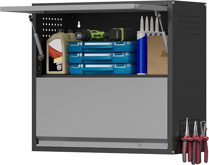 Garage Wall Cabinet, 25.6" H Metal Wall Cabinet with 2 Up-Flip Door | Wall Mounted Metal Storage Cabinet, Upper Cabinet for Kitchen,Garage,Workshop,Warehouse, Assembly Required, Gray