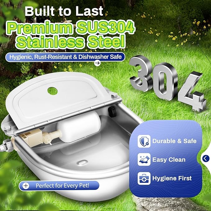 Automatic Animal Drinking Water Bowl with Float Valve, Stainless Steel Kit Includes Bowl, Standard Pipe, Replacement Valve, Quick Connector Adapter and Countersunk Bolts(Auto-Filling)