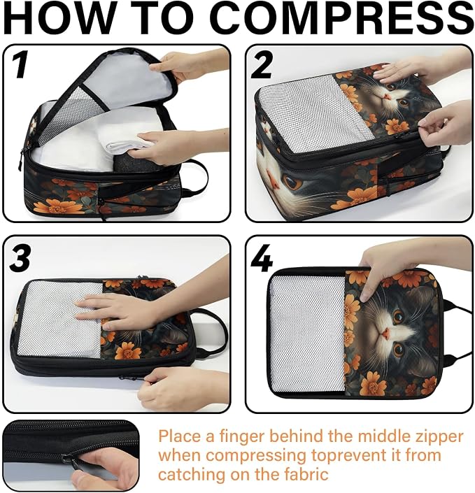 Cat 6 Set Compression Packing Cubes Flower Cat Expandable Packing Organizer for Travel Accessories Luggage Suitcase Bag