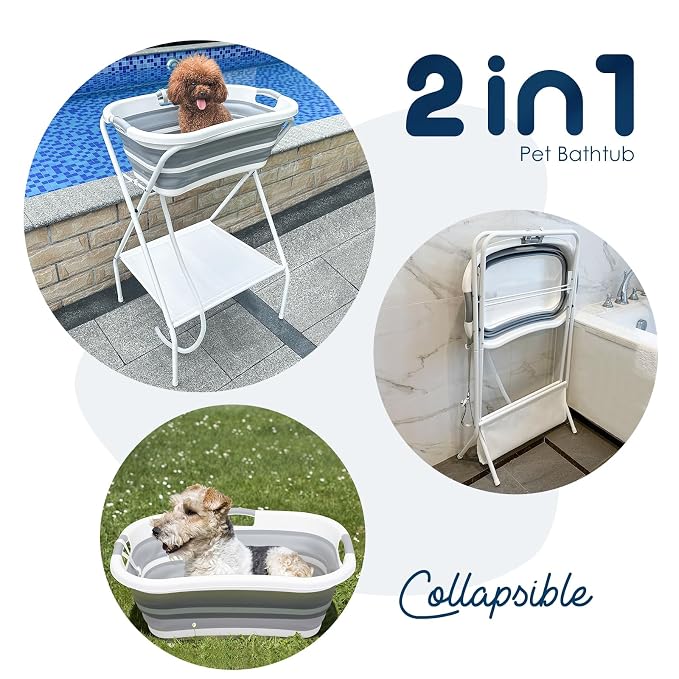 Beberoad 2 in 1 Dog Bath Tub Dog Washing Station for Bathing and Grooming, Elevated Collapsible Foldable Portable Shower Bathtub for Small Dogs Cats Pet, Indoor and Outdoor
