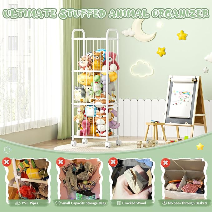 Stuffed Animal Storage Organizer with Wheels for Nursery Playroom | 53.5"x18.1"x13", holds 50+ plushies, sturdy metal frame, 4 casters with 2 brakes, wall anchor included, rounded corners
