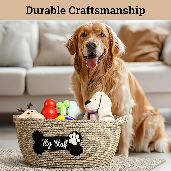 Dog Toy Basket, 100% Cotton Rope, Chew Proof, Sturdy Reinforced Handles | 100% Cotton Rope Woven Dog Toy Box for Living Room Area, Sturdy Handles, Durable Patch, Suitable for All Pets, No Loose Parts