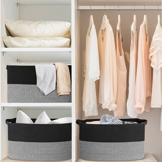 MEGASKET Extra Large Storage Baskets, 22" x 17" x 12" Black Baskets for Organizing, Rectangle Woven Basket for Blankets, Toys, Towels, Laundry, Decorative Wicker Storage Basket, Basket for Decor