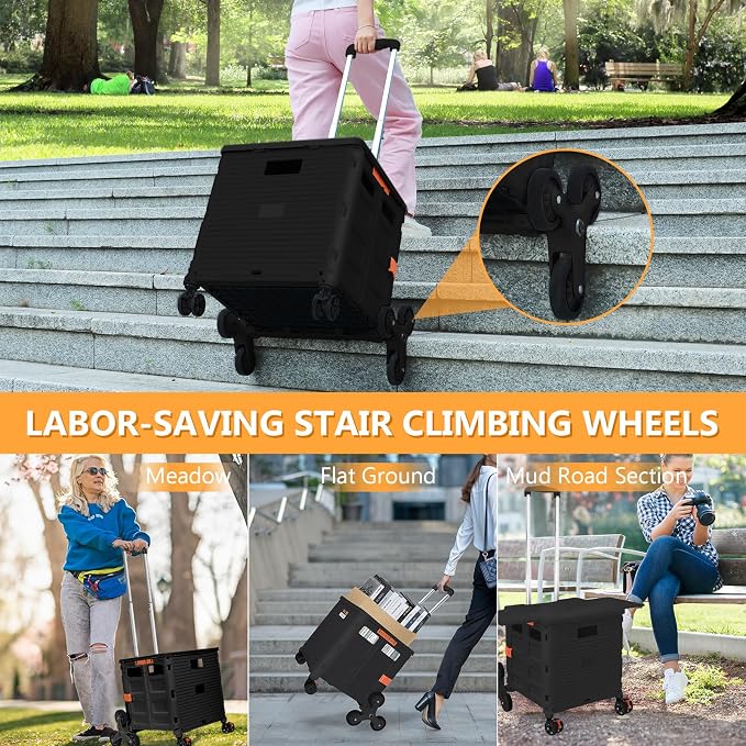 Foldable Utility Cart with Stair Climbing Wheels,Collapsible Rolling Crate with Magnetic Lid Telescopic Cover,Telescoping Handle,360° Rotate Wheel Hand Cart for Teacher Shopping Moving Grocery(Black)