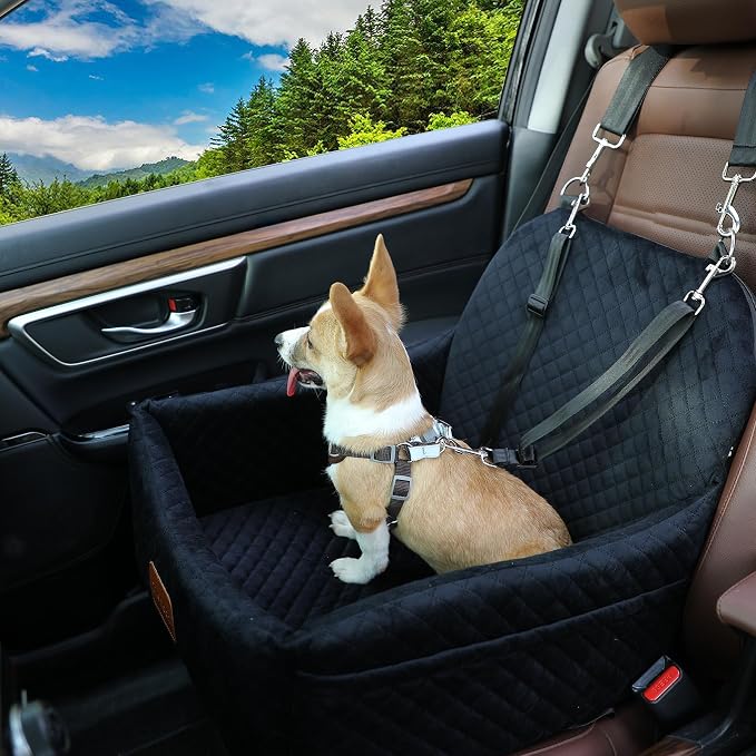 Car Dog Seat with 2 Safety Leashes,Dog Car Booster Seat for Small Medium Dogs 0-28lbs,Pet Car Travel Safety Bed with Storage Pockets,Non-Slip Bottom,Fully Detachable and Easy to Install(S1-Black)