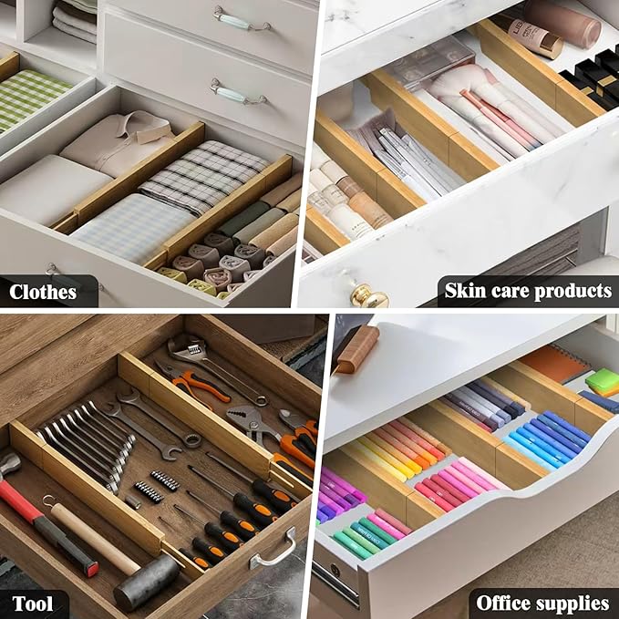 Bamboo Drawer Dividers, 12-21 Inch Kitchen Adjustable Drawer Organizers | Expandable Dresser Separators for Clothes, Ideal for Kitchen, Bathroom, Vanity, Office Organization and Storage, 5-Pack