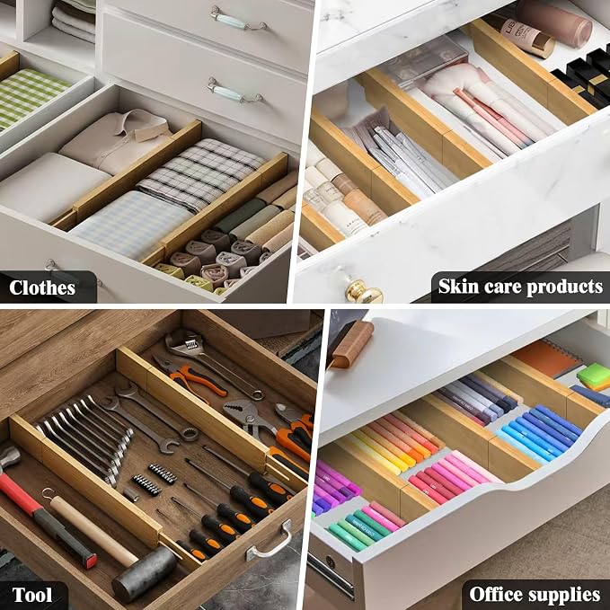Bamboo Drawer Dividers, 12-21 Inch Kitchen Adjustable Drawer Organizers | Expandable Dresser Separators for Clothes, Ideal for Kitchen, Bathroom, Vanity, Office Organization and Storage, 8-Pack