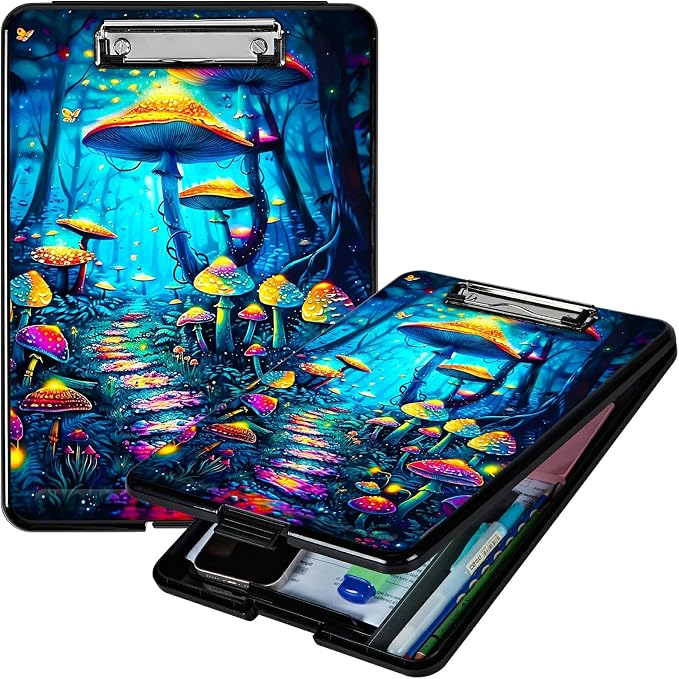 Blue Forest Mushroom A4 Clipboard with Storage Pen Holder, Clipboards Organizer Nursing Clipboard Foldable File Folder Plastic Clipboard Folio Clip Board for Office Students Classroom
