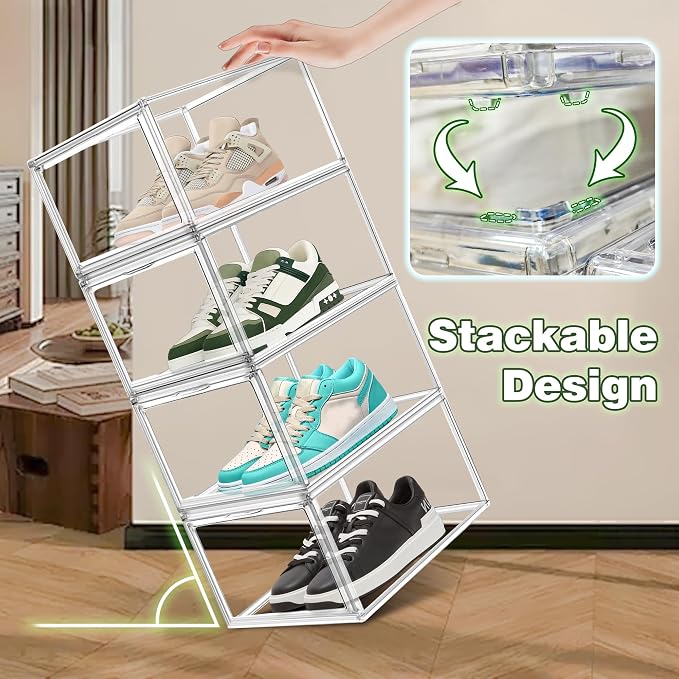 2 Pack Clear Acrylic Shoe Boxes Fit Size 12, Front Door for Small Closets | 10.2 x 13.4 x 7.5 in stackable shoe display case for apartments, dorms, entryways and compact closets. Fits up to US size 12