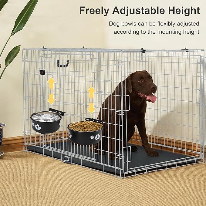 Stainless Steel Dog Crate Bowls Hanging No Spill 2 PCS - Adjustable Mountable Kennel Bowls for Medium/Large Dogs, Anti Spill Water & Food Bowl Set (Black, M(5.5"+6.3"))