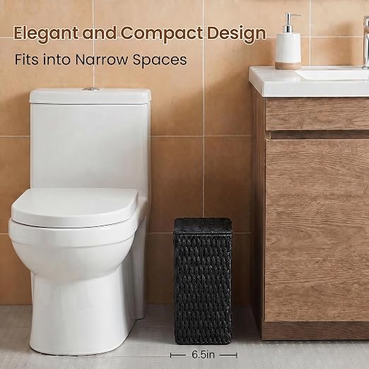 Wicker Trash Can,3 Gallon Bathroom Trash Can with Lid,Handwoven Paper Rope Rattan Waste Basket with Removable Liner and Built-in Handles for Bedroom,Toilet,Narrow Spaces,Black