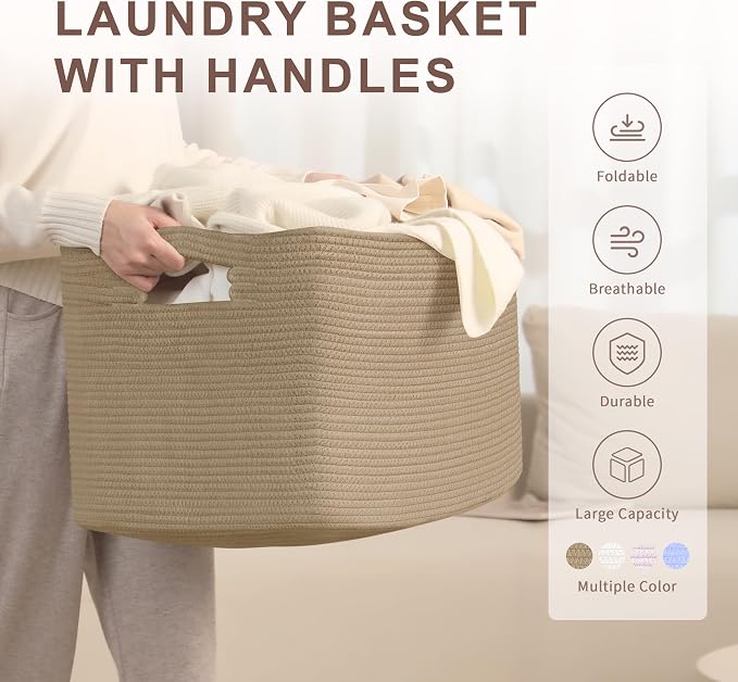 86L Large Woven Laundry Basket Hamper with Handles, Jute | collapsible wicker hamper, storage for dirty clothes, toys, blankets, gifts, living room, bedroom, bathroom, 24"x16"x14"
