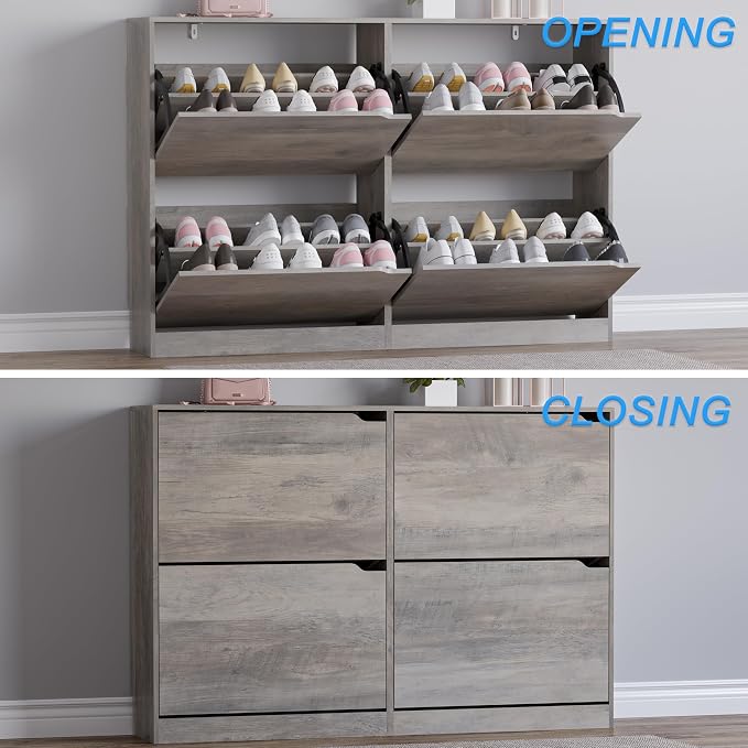 BORNOON Shoe Cabinet with 4 Flip Drawers, Narrow Hidden Shoe Storage Cabinet, Slim Freestanding Shoe Rack Organizer for Entryway, Hallway, Bedroom, Living Room