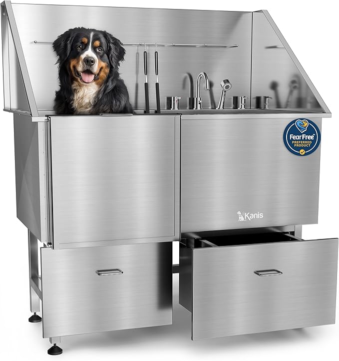 Professional Dog Washing Station 304 Stainless Steel Pet Wash Sink | Grooming Bathtub w/Shower, Floor Grates and Storage for Large, Medium & Small Pets