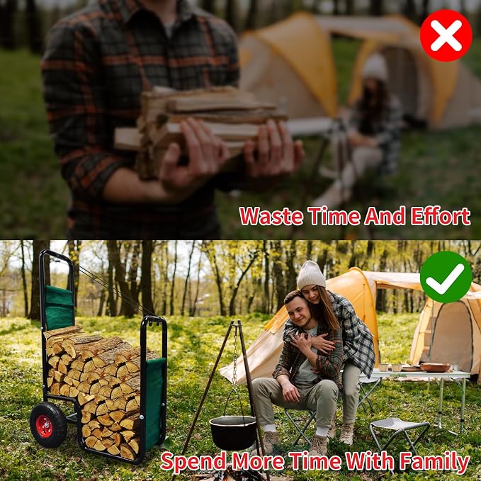 Doublehorse Firewood Cart 27x20x44in Steel Pneumatic Wheels Green | Heavy Duty Metal Waterproof Portable Storage Rack for Outdoor Camping Backyard Fireplace Indoor Use