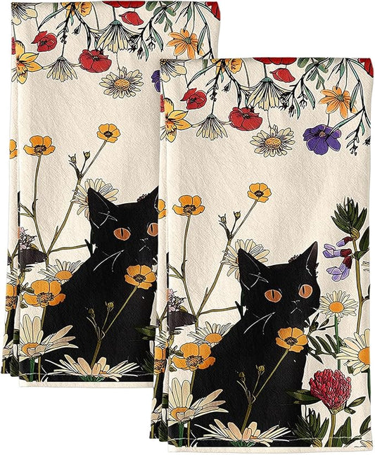Miss Adola Flour Sack Kitchen Towels - Set of 2 Spring Dish Towels with Hanging Loop 18x26 Inch Absorbent Reusable Cotton Cloths for Cleaning Cute Design Home Decorative Housewarming, Cat in Grass