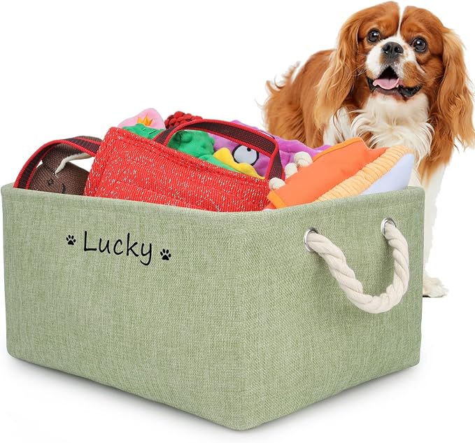 Personalized Dog Toy Storage Basket Bin, Customized Pet's Name Storage, Collapsible Organizer Box for Dog Toys, Clothing, Apparel & Accessories (Green, S)