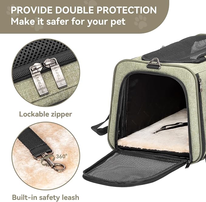 Petsfit Small Expandable Cat Carrier for Air Travel, Up to 9 lb | 16 x 10 x 9 in; sized for Alaska Airlines, with locking zippers, an interior safety tether and multi-side ventilation.