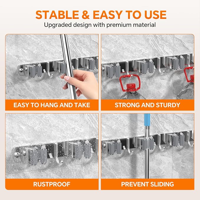 5 Grippers Broom Holder Wall Mount with 4 Hooks Stainless Steel, Silver | Self Adhesive or Screw Mop and Broom Organizer, Heavy Duty Storage Rack for Garden Closet Laundry Room Kitchen Garage