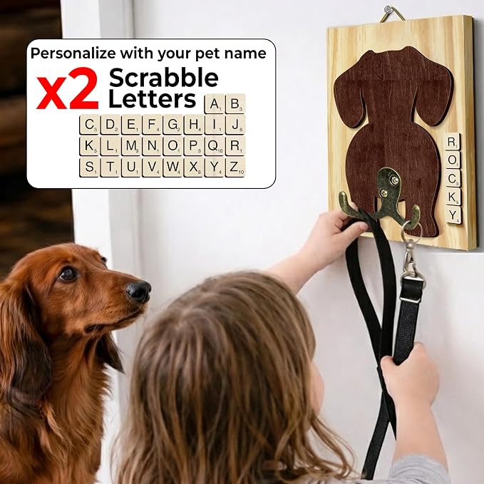 Dachshund Dog Leash Holder Wall Mount with Scrabble Letters, Wooden Dog Wall Hook Organizer, Pet Collar and Harness Holder for Entryway, Key Hook and Leash Rack, Pet Lovers Gift Home Decor PF297-30
