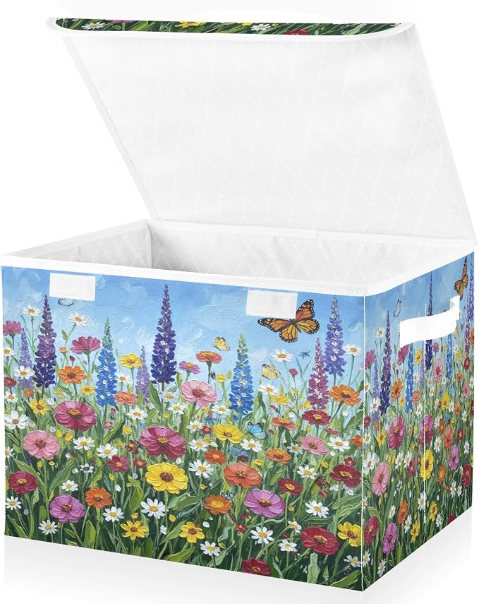 Fabric Storage Bins with Lid Spring Floral Closet Storage Basket 40L | Decorative Storage Boxes, Foldable & Stackable, Dust-Proof Flip Top, Reinforced Handles, For Home & Dorm, Clothes & Toy Box