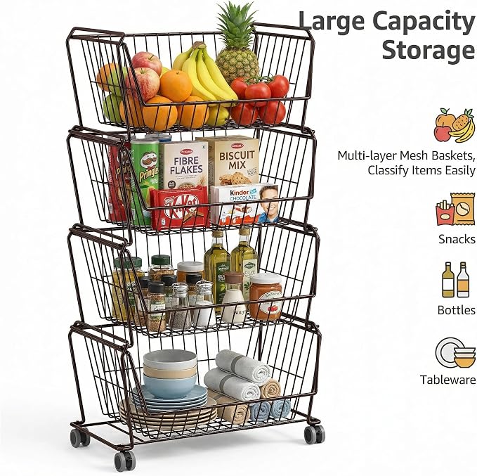 PUSDON 4-Tier Spacious Stackable Wire Storage Baskets with Wheels, Metal Rolling Utility Cart, Produce Basket for Pantry, Bathroom Organizer Shelf, Vintage Bronze
