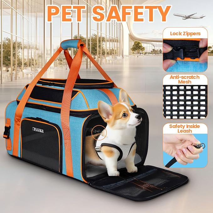 Top and Side Expandable Pet Carrier Airline Approved, Blue | 19"L x 13"W x 9"H, for Southwest Allegiant Airlines, Lockable Safety Zippers and Anti-Scratch Mesh, Pets Under 12 lbs