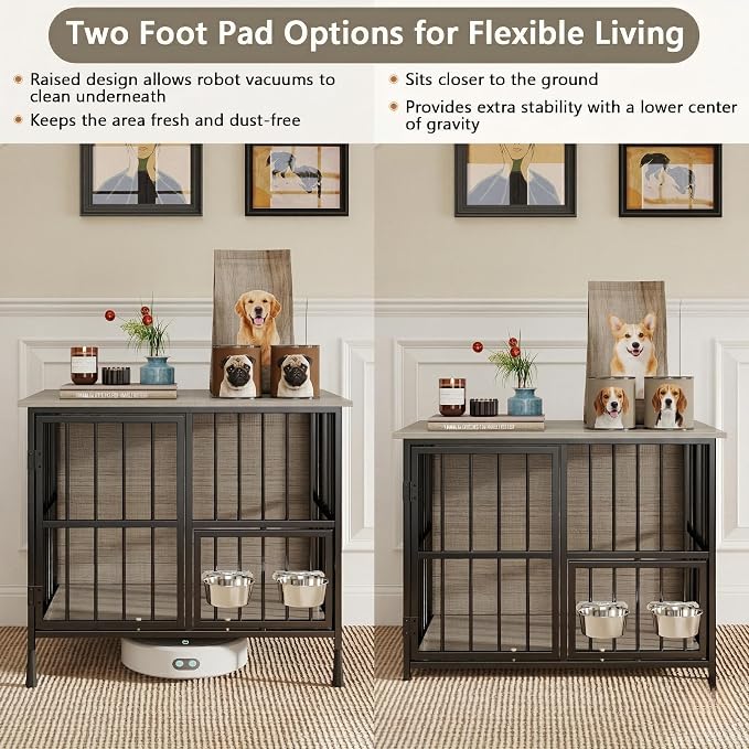 Hadulcet 27'' Foldable Dog Crate Furniture, Small Dog Kennel with 2 Bowls | Wooden Crate Table with Storage Top, Furniture Style Indoor Kennel for Small to Medium Dogs with Rotating Food Door, Gray