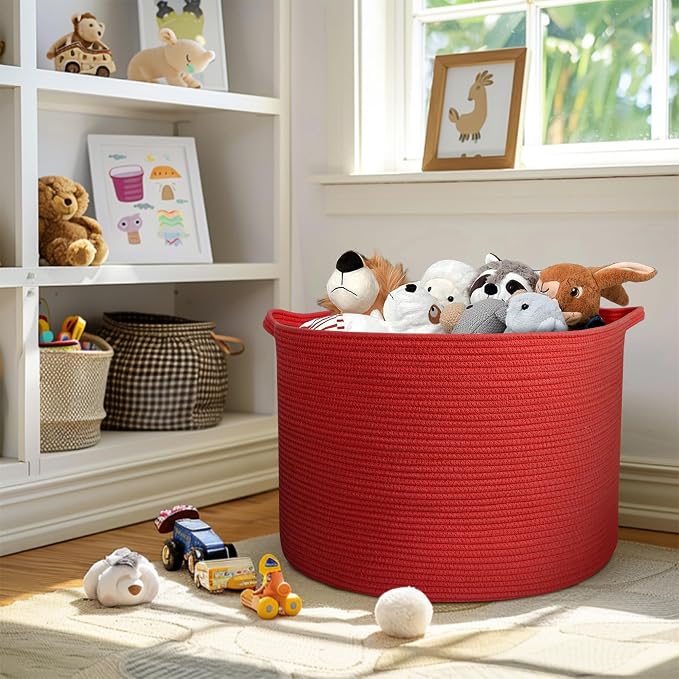 115L Extra Large Red Basket for Organizing, 23.6"x15.7" Jumbo Woven Cotton Rope Bins for Blankets, Baby Nursery Laundry Basket, Kids Dog Toy Storage Box, Huge Red Living Room Decor Organizer