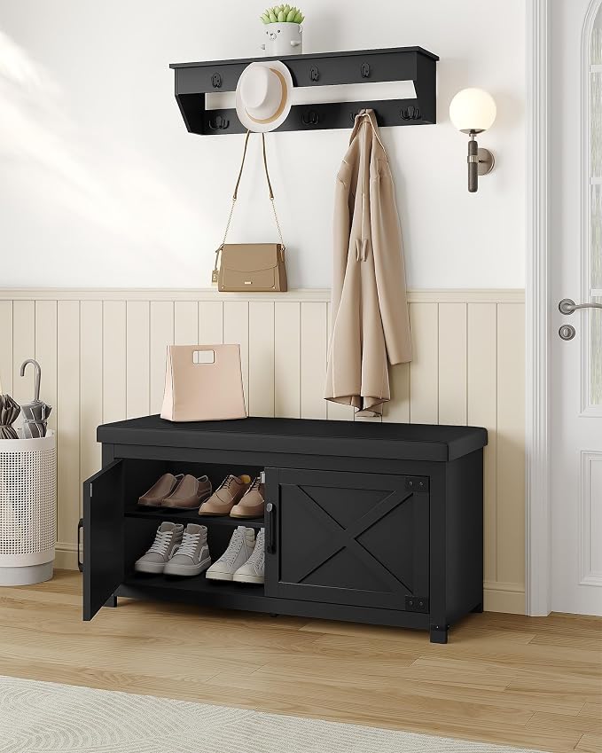 Hzuaneri 39.4" Shoe Storage Bench, with Soft Padded Seat Cushion & Doors | 2 Tier Entryway Storage Bench with Adjustable Shelf, Farmhouse Shoe Cabinet for Living room, Bedroom, Black SB26606BK