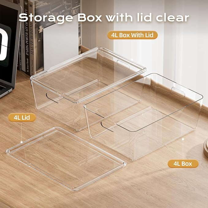 6 Pack Large White Storage Bins with Lids, PET Plastic Pantry Organizers and Storage Containers for Kitchen, Fridge, Bathroom, Office (Clear)