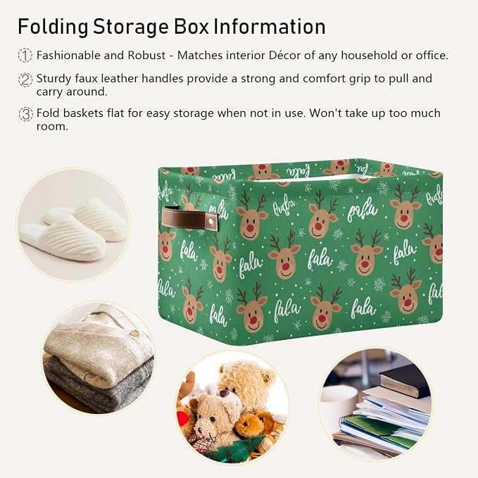 Green Christmas Reindeer Storage Basket with Waterproof Liner and PU Handles Winter Snowflake Xmas Storage Bins Boxes 14.2" Collapsible Decorative Organizer Baskets for Bedroom Closet Office 2 Pack