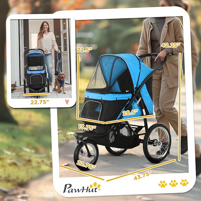 PawHut 3 Wheels Pet Stroller Foldable Jogger for Medium Dogs Blue | Adjustable Canopy, Safety Tether, Cushion, Storage Basket, Portable for Meidum Dogs and Cats