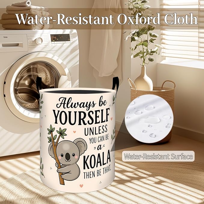 Cartoon Koala Laundry Basket, Inspirational Foldable Oxford Cloth, Waterproof Dirty Clothes Hamper with Handles, Clothing Storage Bin Toy Organizer for Bedroom Dorm Bathroom, 19.7"x15.7"
