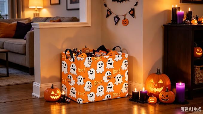 CLOCOR Rectangular Storage Basket Empty,Gift Basket,Room Decor(Yellow Ghosts Halloween)