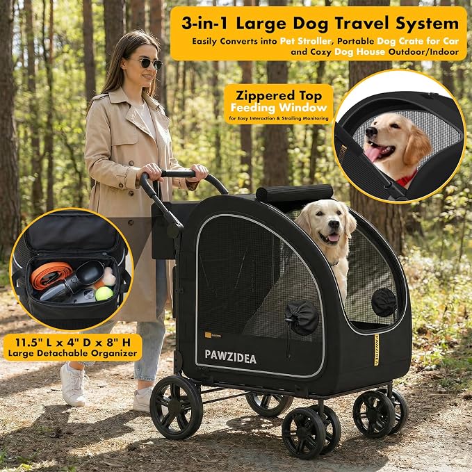PAWZIDEA 3-in-1 Large Dog Stroller with Detachable Carrier, 45% Extra Tall | Dog Crate Car Travel for 2 Medium Dogs Sit Upright, Foldable Jogger Pet Stroller All-Terrain, Adjustable Handle, Up to 100lbs