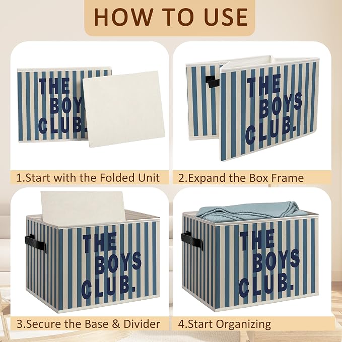 Kids Boy Nursery Playroom Foldable Storage Bins Box with Handles, the Boys Club Blue Striped Decorative Storage Boxes Baskets Toybox Organizer for Kids Boy Nursery Room Bedroom Playroom