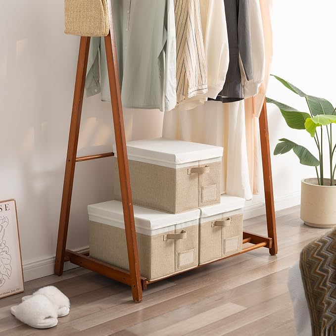 GRANNY SAYS Storage Bins with Lids, Decorative Storage Boxes with Lids | Storage Box with Dust Cover, Handles & Lable, Collapsible, Ideal for Closet Clothes Blanket Toys, Large, White&khaki, 3-Pack