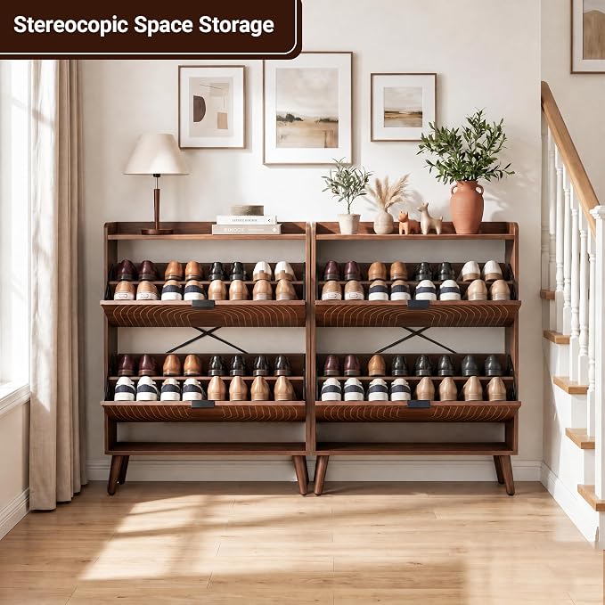 Arch-Chic Shoe Cabinet for Entryway with 2 Flip Door | Farmhouse, Walnut color, Adjustable shelves, Tabletop guardrail, Freestanding shoe storage cabinet, for Entryway/hallway