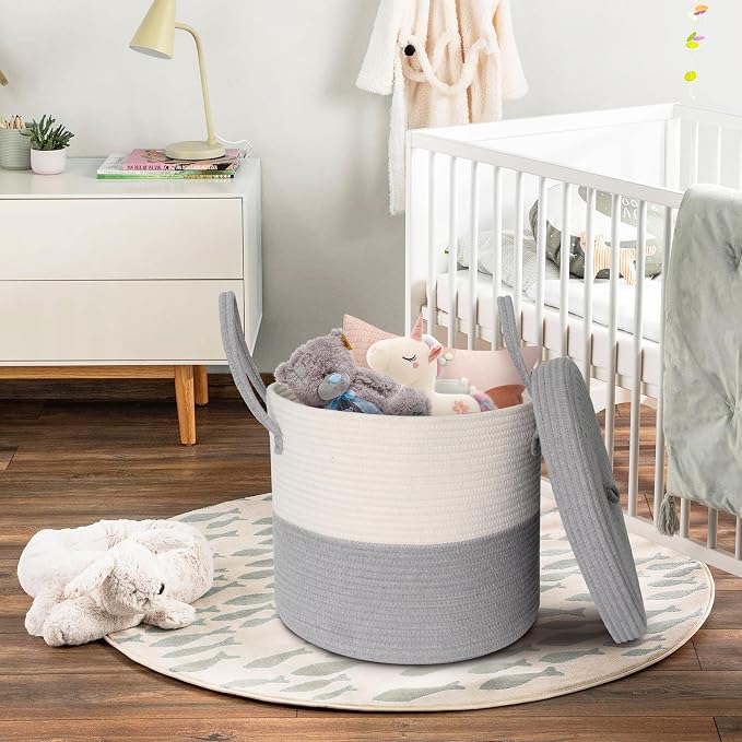 Storage Basket with Lid, Blanket Basket Living Room, Large Woven Cotton Rope Baskets for Storage, Kids Toy Storage Bin, Wicker Laundry Basket, Blankets Pillows Organizer Holder,15"x13", Gray