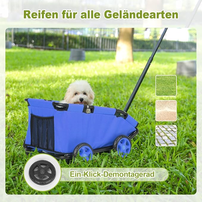 Mini Dog Strollers for Mini Pets, Foldable Multifunctional Shopping Carts with Extendable Pull Handle, Doggie Wagon Built-in Cushion and Safety Rope with Storage Bag (Blue)