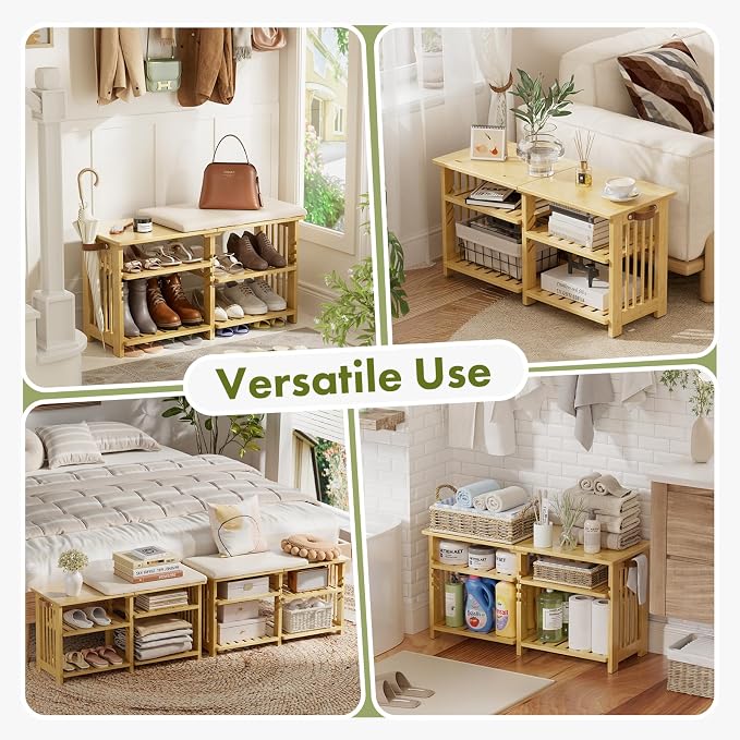 Amazer Bamboo Shoe Rack Bench, 3-Tier Shoe Bench Height Adjustable, Entry Bench with Side Storage Strap, Shoes Organizer Storage Bench, Shoe Shelf with Seat Cushion for Entryway, Living Room, Hallway