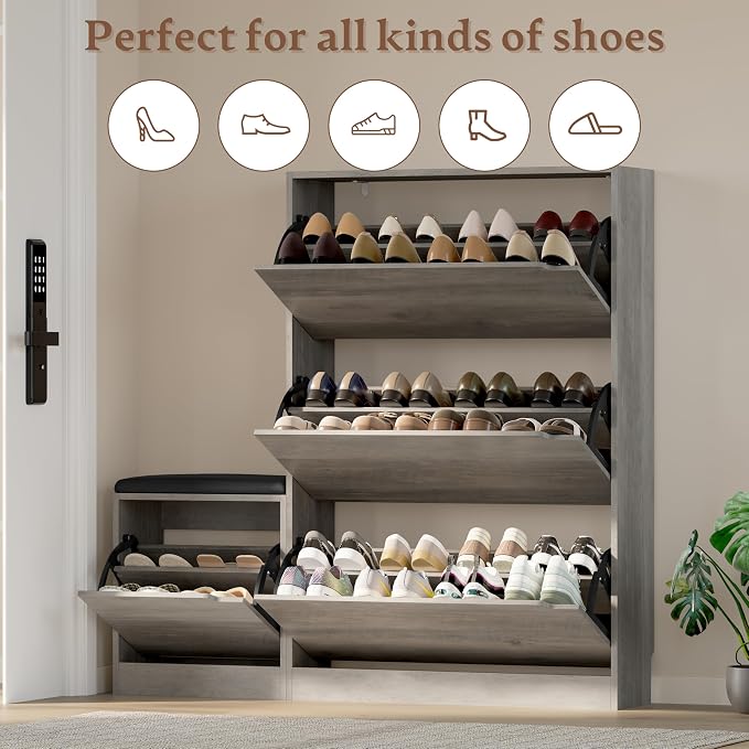 BORNOON Shoe Cabinet with Bench and 3 Flip Drawers, Slim Narrow Shoe Storage Cabinet, Freestanding Shoe Rack Organizer with Adjustable & Removable Shelves, Anti-Tip for Entryway, Hallway, Foyer