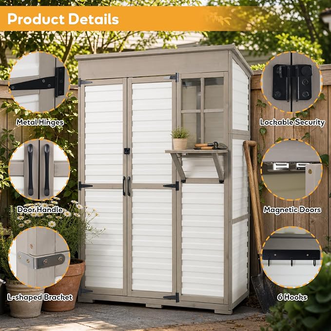 Large Outdoor Storage Cabinet with 3 Shelves, Weatherproof Shed for Outside | Fold-out Work Table, Dual-zone Shelves Keep Tools Organized, Clear Window, 6 Hooks, Anti-tip, Fits Patio, Garden, Garage