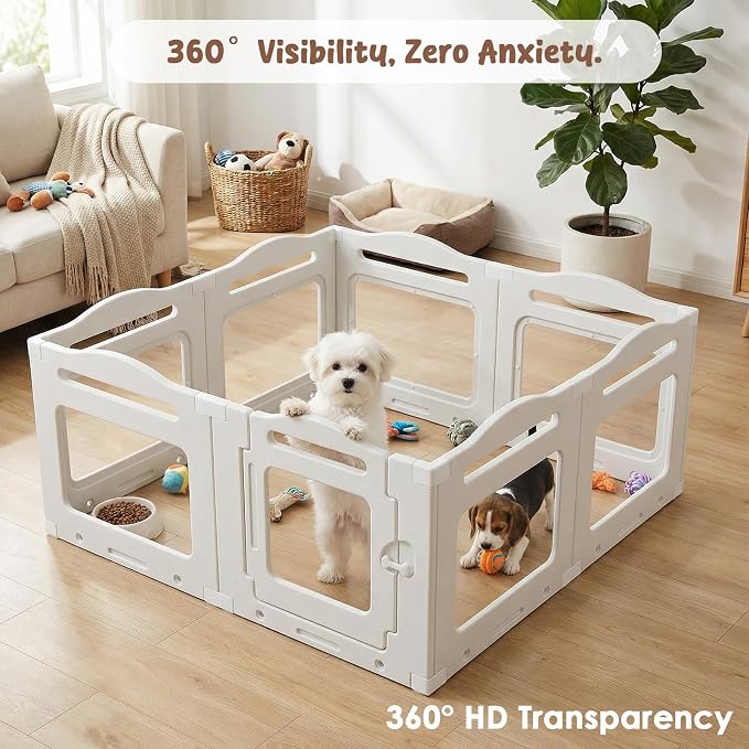 Clear Acrylic Dog Playpen Indoor, Puppy Kennel w/Locking Door, Pet Gate | 23.6 in 8-Panel Design, Easy to Clean & Install Play pen for Medium Dogs and Puppies, Stable Indoor Area Setup for Home Use