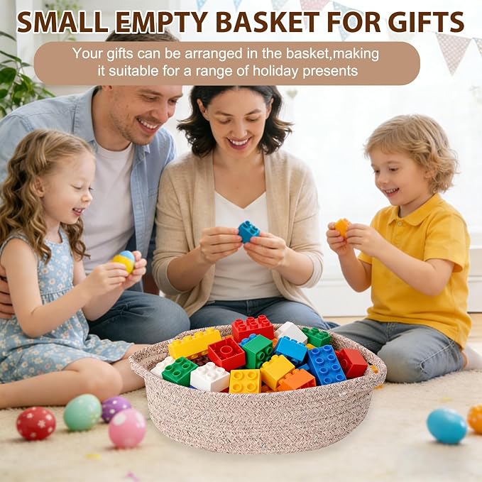 Small Basket with Gift Bags and Ribbons，Small Woven Basket Cute Oval Cotton Rope Gifts with Handle Empty Baby Wicker Storage Basket for Baby Showers Pet Toy Bin (4 Pack (12"x 8"x 3.74"))