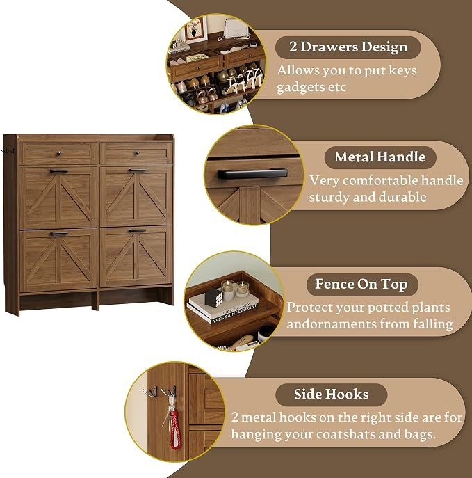 BORNOON Shoe Storage Cabinet for Entryway, Farmhouse Wide Shoe Cabinet with 4 Flip Drawers and 2 Top Drawers, Freestanding Organizer with Adjustable Shelves, Hooks, and Anti-Tip Kit for Hallway
