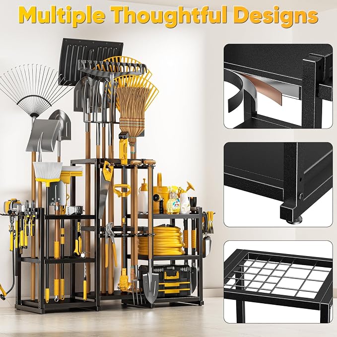 POKIPO 42" H Large Garden Tool Organizer, Holds Up to 86 Tools, Heavy Duty Yard Tool Organizer for Garage, 61“ Wide Lawn Freestanding Tool Storage Rack for Outdoor Shed Tool Rake, Shovel, Brooms